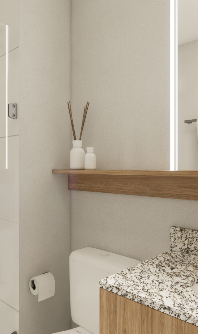 Render 3D de banheiro compacto no Place Klabin com bancada em granito, armário de madeira, box de vidro e metais escuros