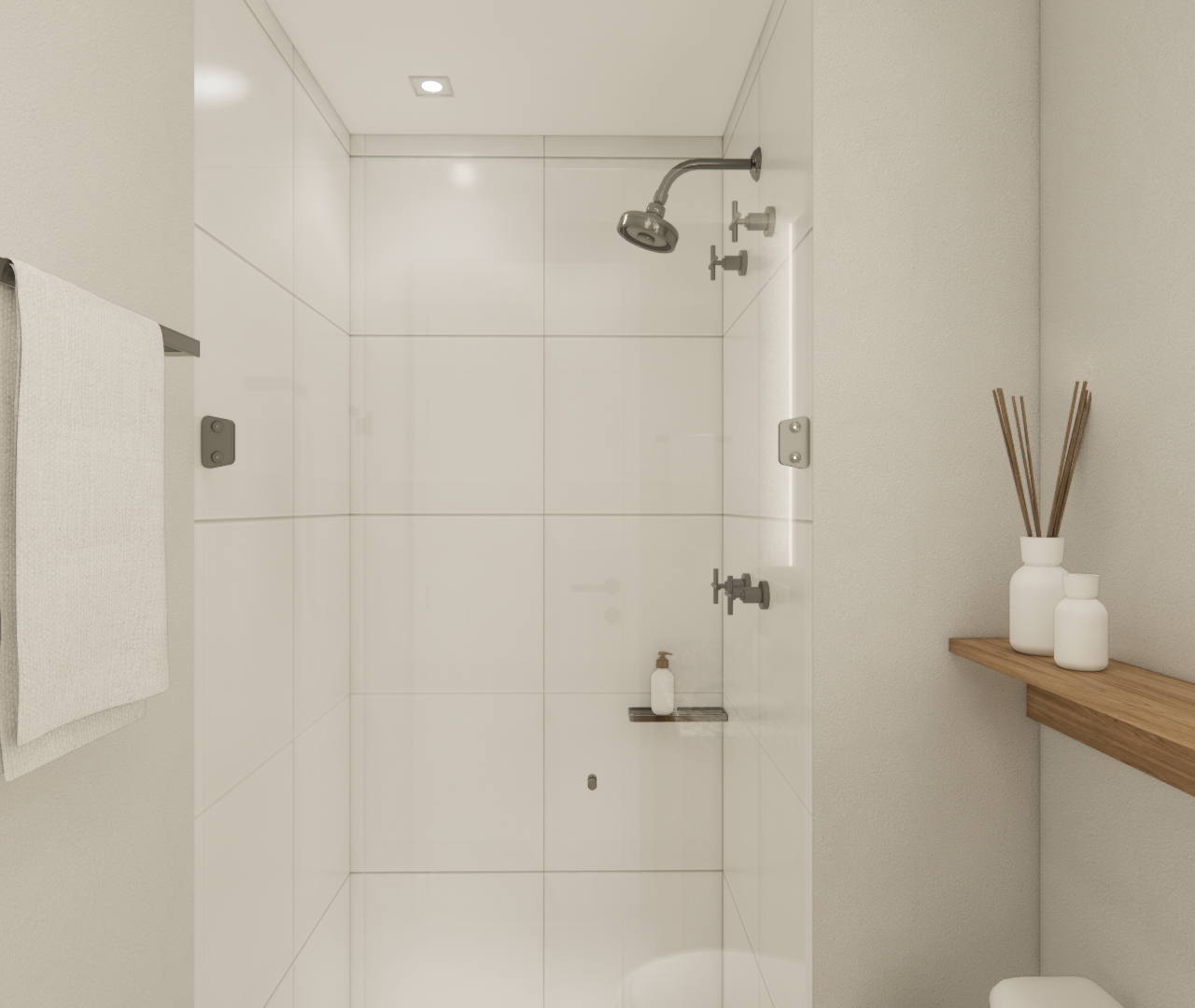 Render 3D de banheiro compacto com box de vidro, revestimento branco, metais escuros, prateleira de madeira e luz pontual