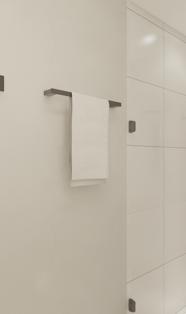Render 3D de banheiro compacto com box de vidro, revestimentos brancos, metais pretos e iluminação embutida no teto