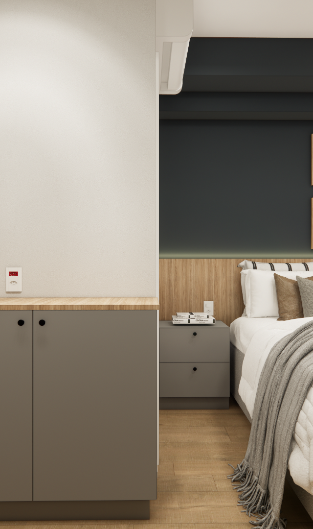 Render 3D de quarto compacto em Chácara Klabin com marcenaria cinza, cabeceira de madeira, parede escura e espelho oval