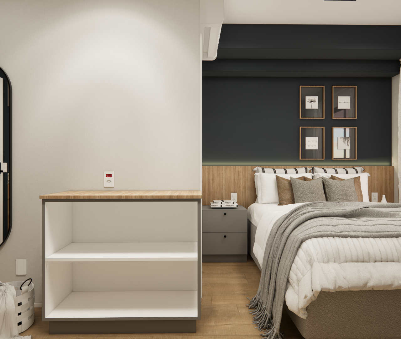Render 3D de quarto pequeno com paredes cinza e escura, marcenaria em madeira e cinza, cama, espelho oval e iluminação