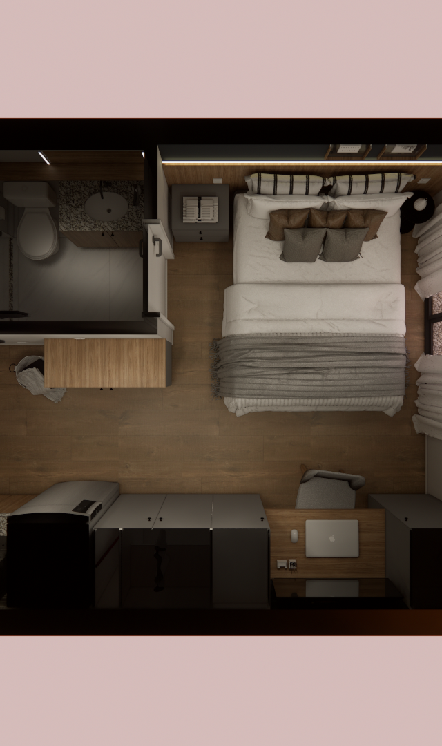 Planta baixa 3D de studio de 23m² com marcenaria em madeira e cinza, cama de casal, cozinha linear e varanda