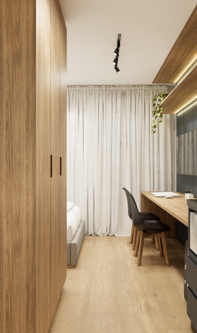 Render 3D de estúdio compacto com armários em madeira e cinza, bancada de trabalho, cozinha linear e iluminação indireta