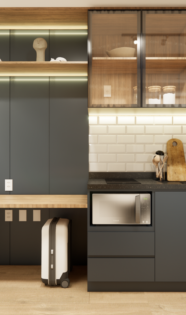 Render 3D de cozinha e home office integrados com marcenaria cinza e madeira, prateleiras iluminadas e azulejo metrô branco
