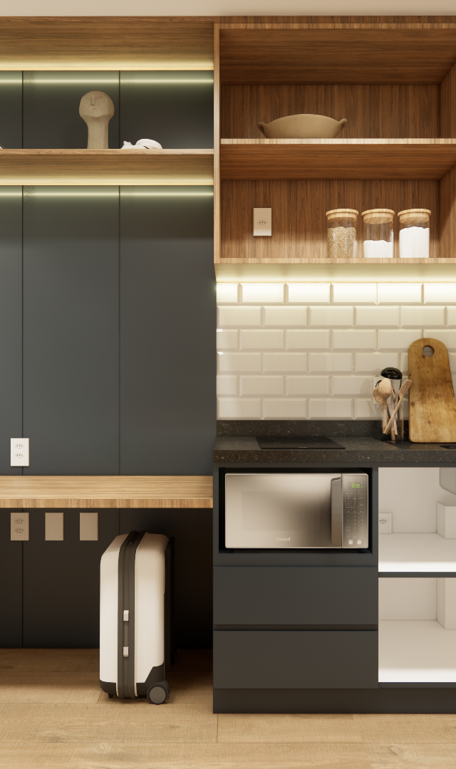 Render 3D de cozinha e home office com marcenaria em madeira e grafite, iluminação LED e bancada integrada no SOMA Perdizes