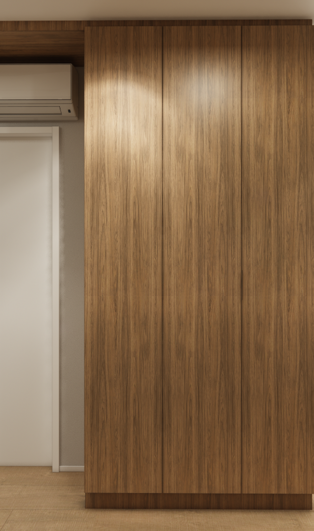 Render 3D de estúdio em Perdizes com marcenaria em madeira e cinza, armário, hall de entrada e cama com enxoval neutro