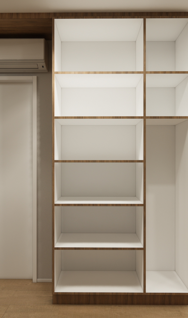 Render 3D de estante, marcenaria cinza e madeira com nichos abertos em apartamento studio com cama e cortinas claras