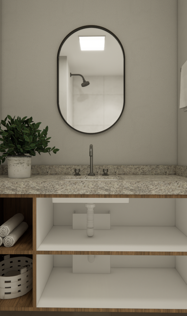 Render 3D de banheiro compacto com gabinete em madeira, bancada em granito, espelho oval, paredes cinza e iluminação clara