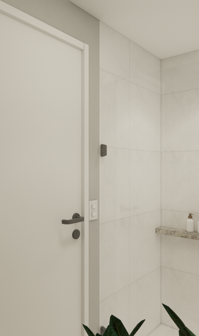 Render 3D de banheiro compacto com paredes cinzas, porta branca, box com revestimento claro e nicho em granito