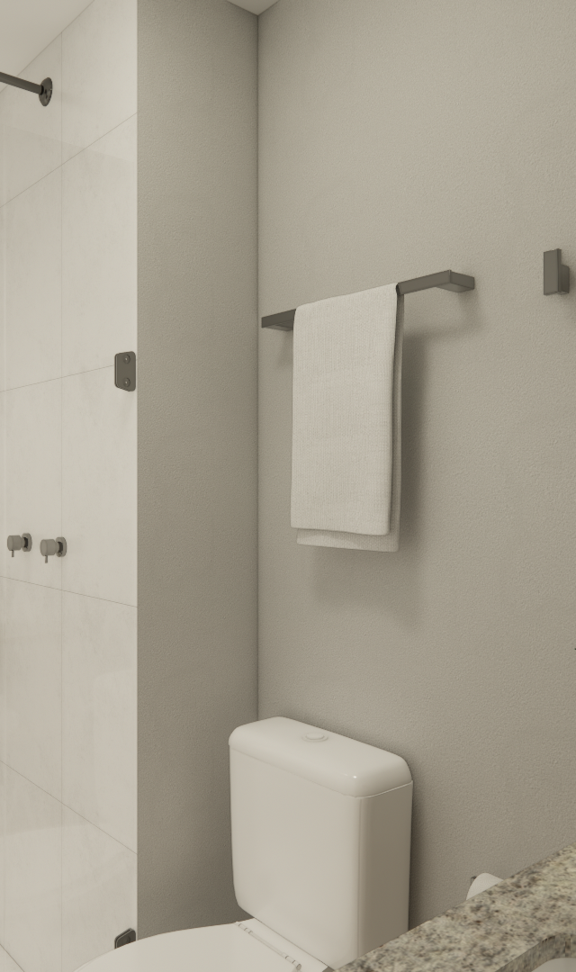 Render 3D de banheiro compacto no Soma Perdizes, tons neutros, revestimento claro, metais escuros e planta decorativa