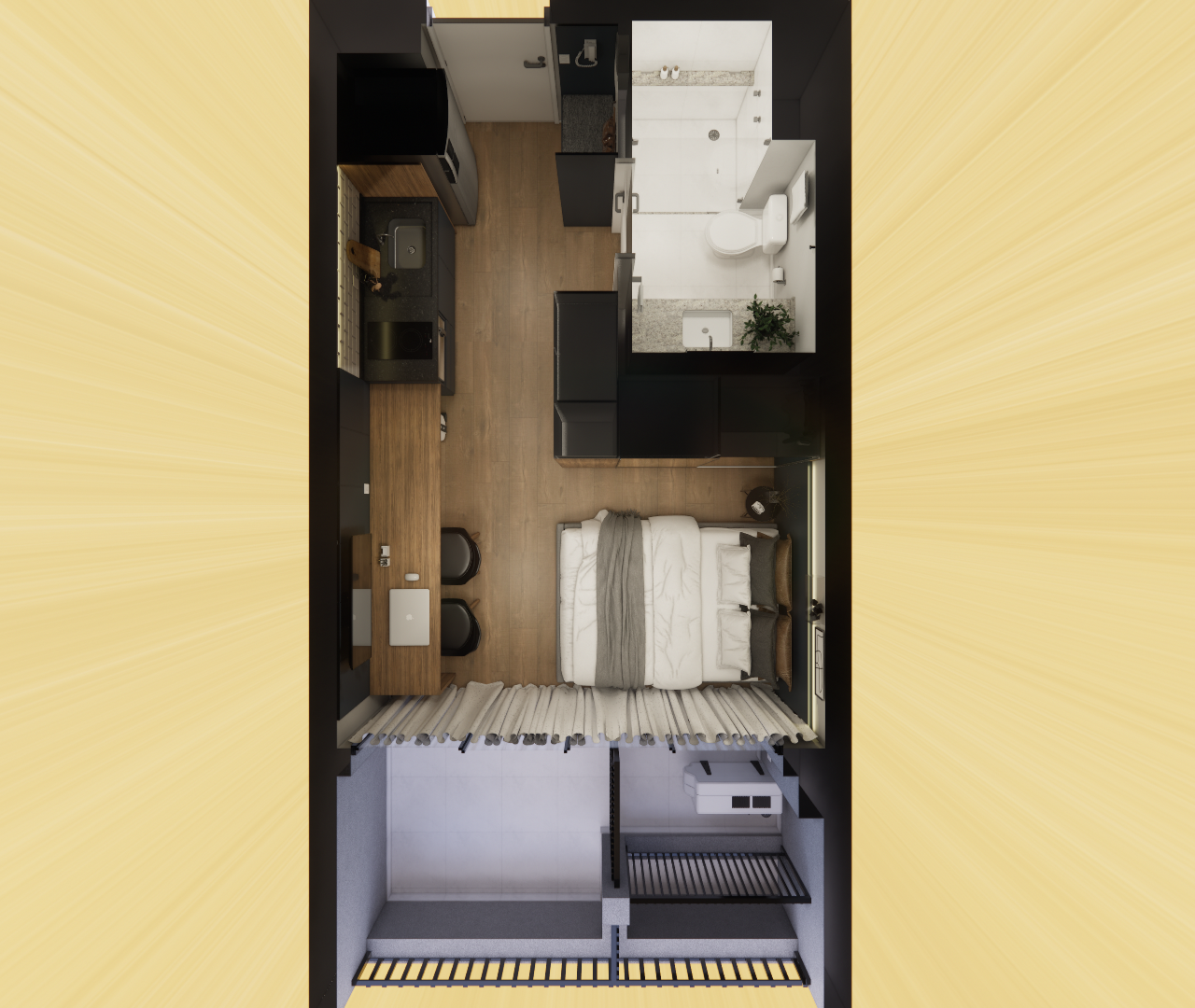 Planta baixa 3D de apartamento 28m² com cozinha, cama de casal, banheiro, marcenaria em madeira e tons de preto e branco