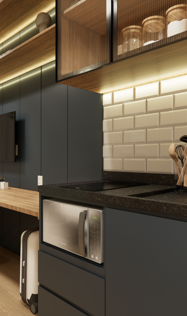 Render 3D de cozinha compacta com marcenaria azul, bancada de pedra preta, azulejos metrô brancos e iluminação embutida