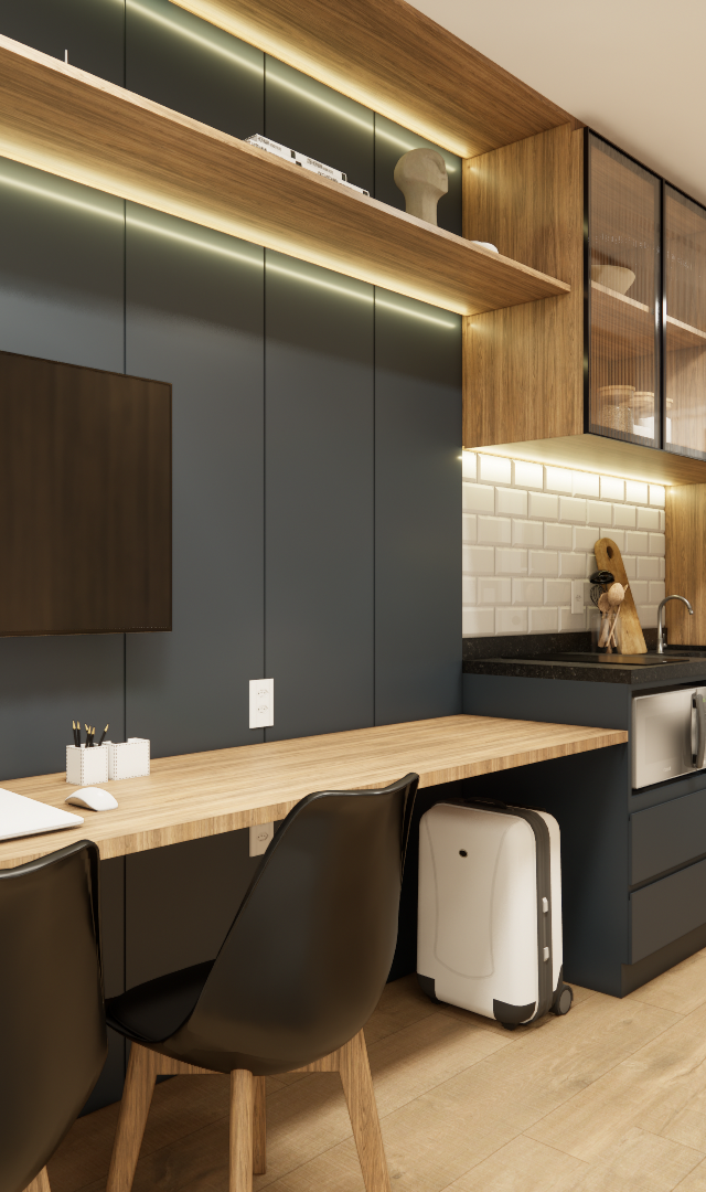 Render 3D de estúdio em Perdizes com marcenaria em madeira e cinza, bancada de trabalho, TV, cozinha e iluminação led