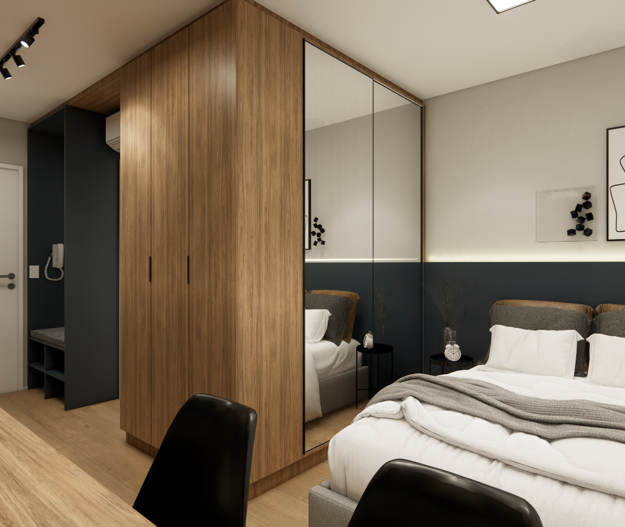 Render 3D de estúdio em Perdizes com marcenaria em madeira e cinza escuro, guarda-roupa espelhado e cama com iluminação LED