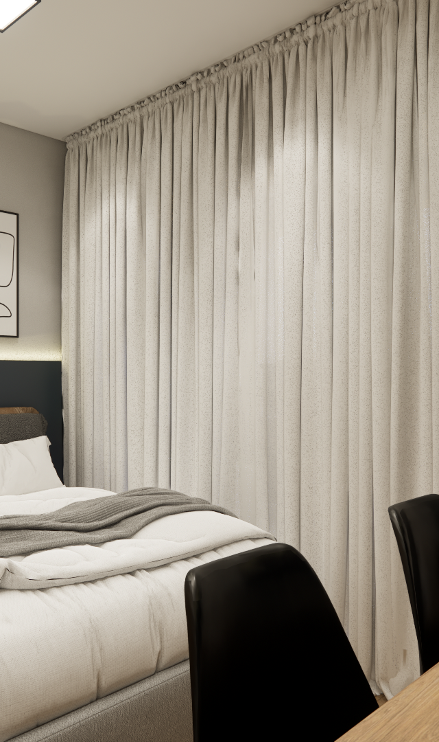 Render 3D de quarto em Perdizes com cama, marcenaria cinza e azul, cortinas claras e mesa de madeira com cadeiras pretas