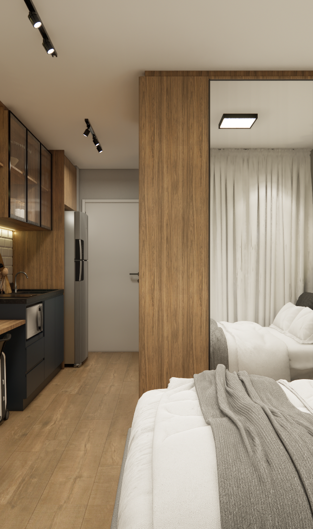 Render 3D de estúdio em Perdizes com marcenaria em madeira e grafite, iluminação em LED e cama com espelho lateral