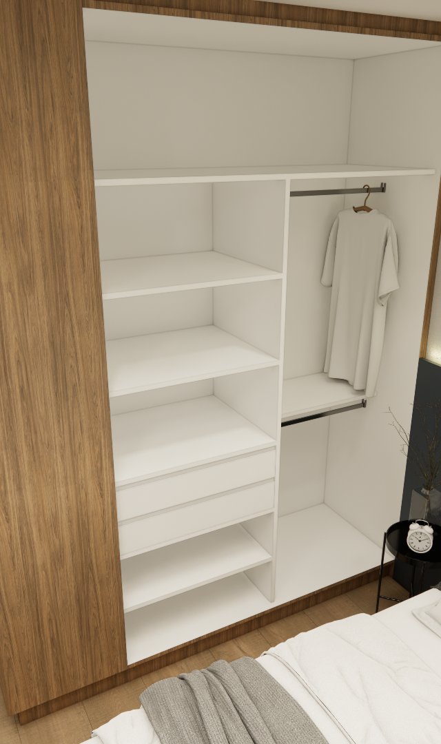 Render 3D de estúdio com closet aberto, marcenaria em madeira e azul, cama com enxoval cinza e cozinha integrada
