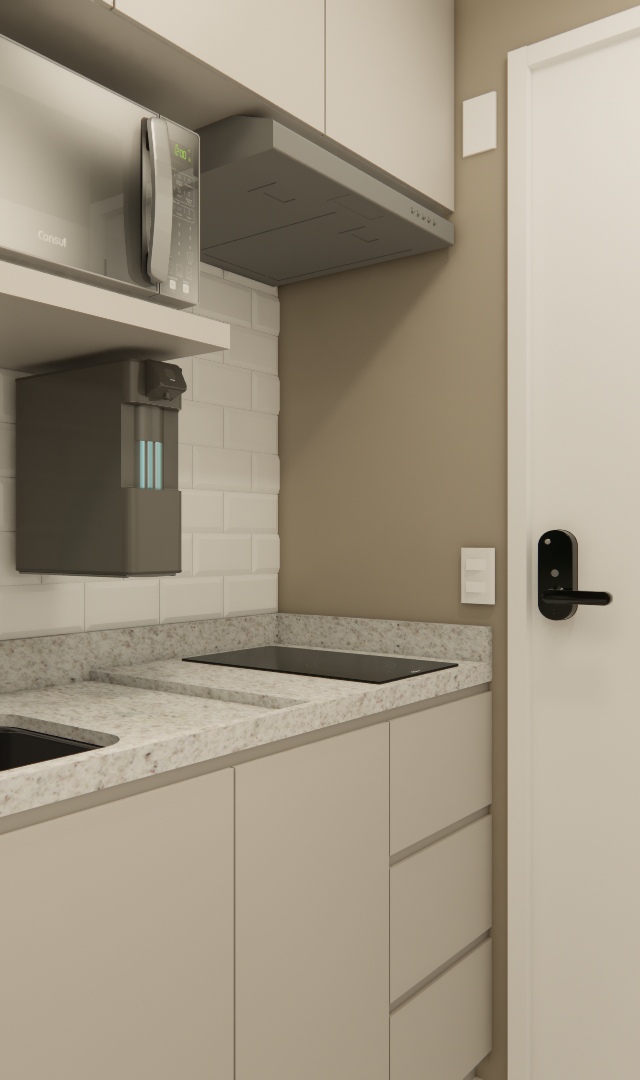 Render 3D de cozinha compacta com marcenaria cinza, bancada em granito claro, pia preta, azulejos brancos e planta pendente