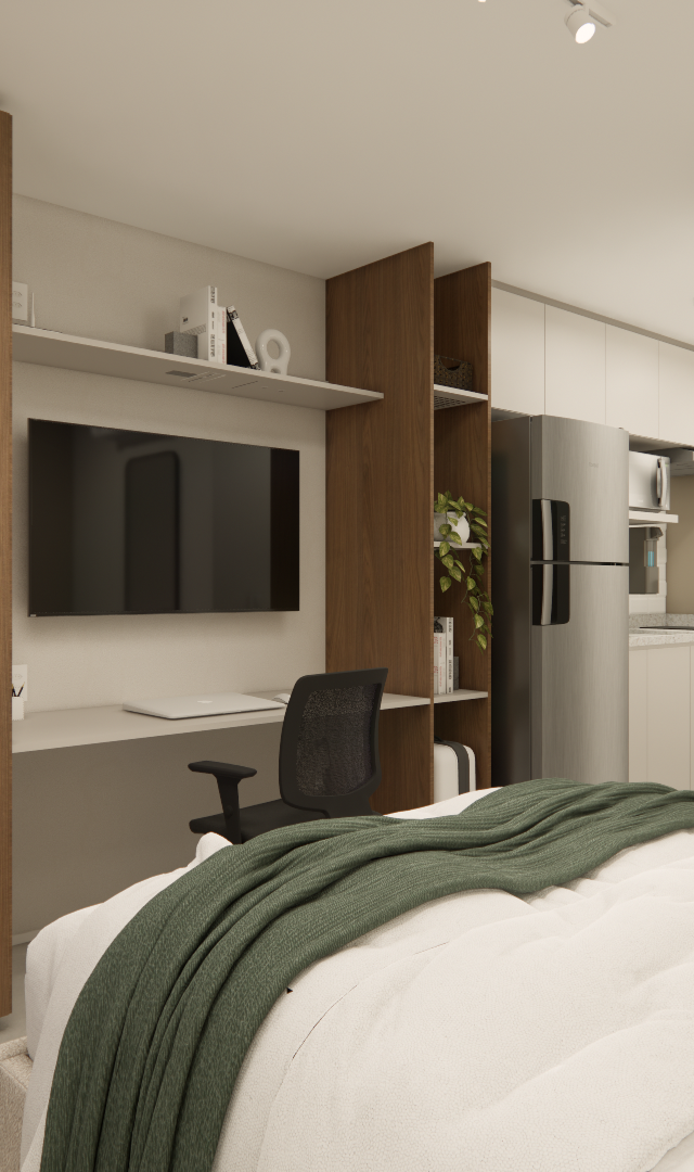 Render 3D de estúdio com marcenaria em madeira e tons neutros, cama com manta verde, home office e cozinha integrada