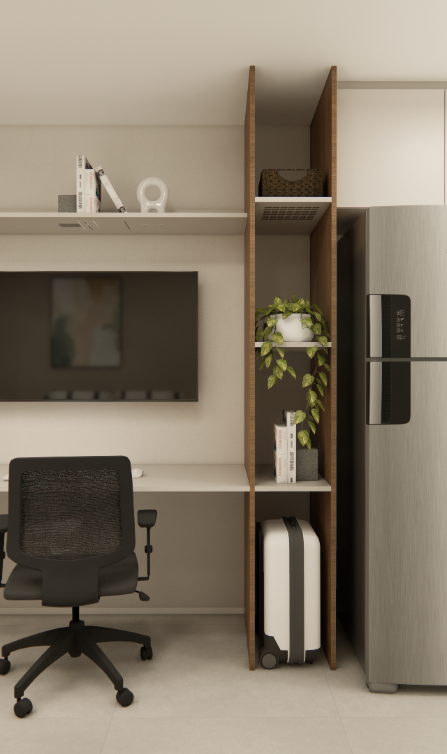 Render de studio 27m² com marcenaria em madeira e bege, mesa de trabalho, TV, geladeira inox e cozinha integrada iluminada