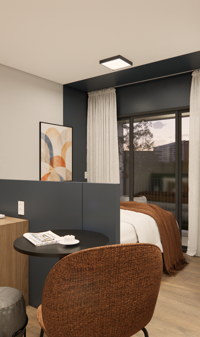 Render 3D de quarto integrado no Nurban Santa Cecilia com marcenaria azul, mesa amadeirada, cadeiras terrosas e espelho