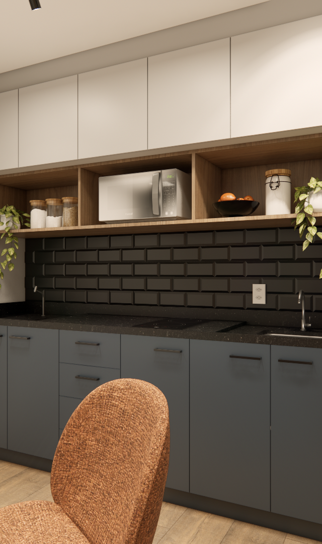 Render 3D de cozinha compacta em Santa Cecília com armários cinzas, nichos amadeirados e revestimento de metrô preto