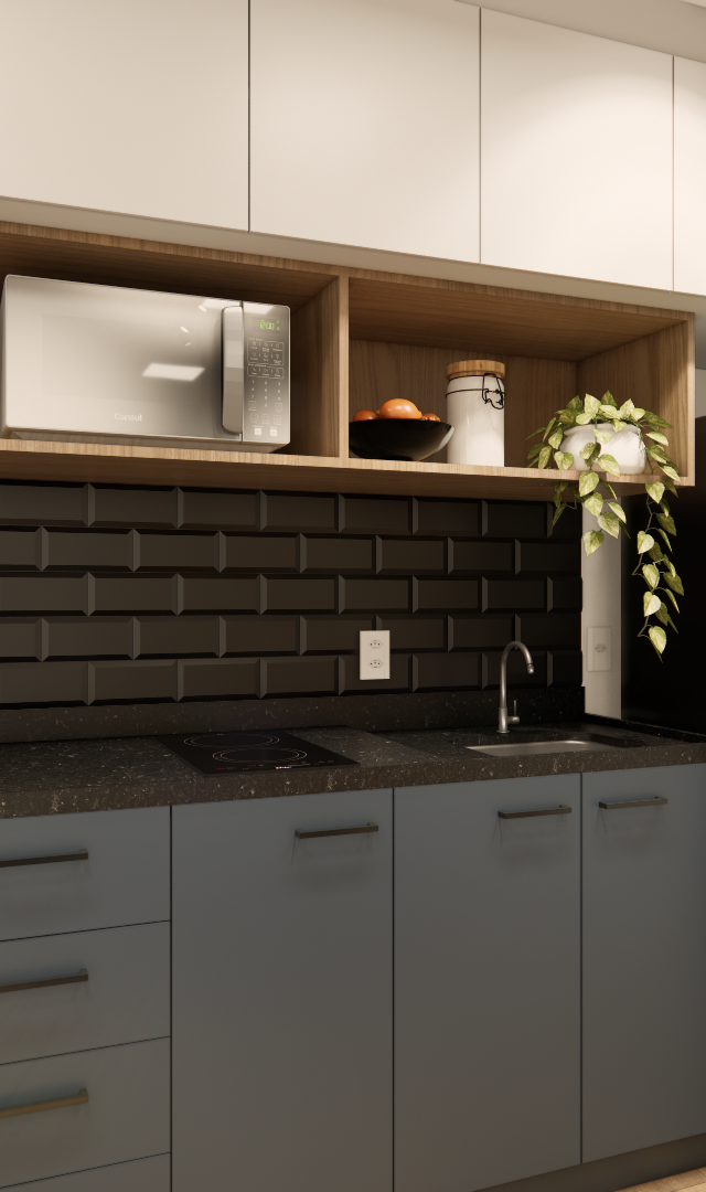 Render 3D de cozinha no Nurban Santa Cecilia com armários azuis, bancada preta, revestimento tipo tijolinho e marcenaria