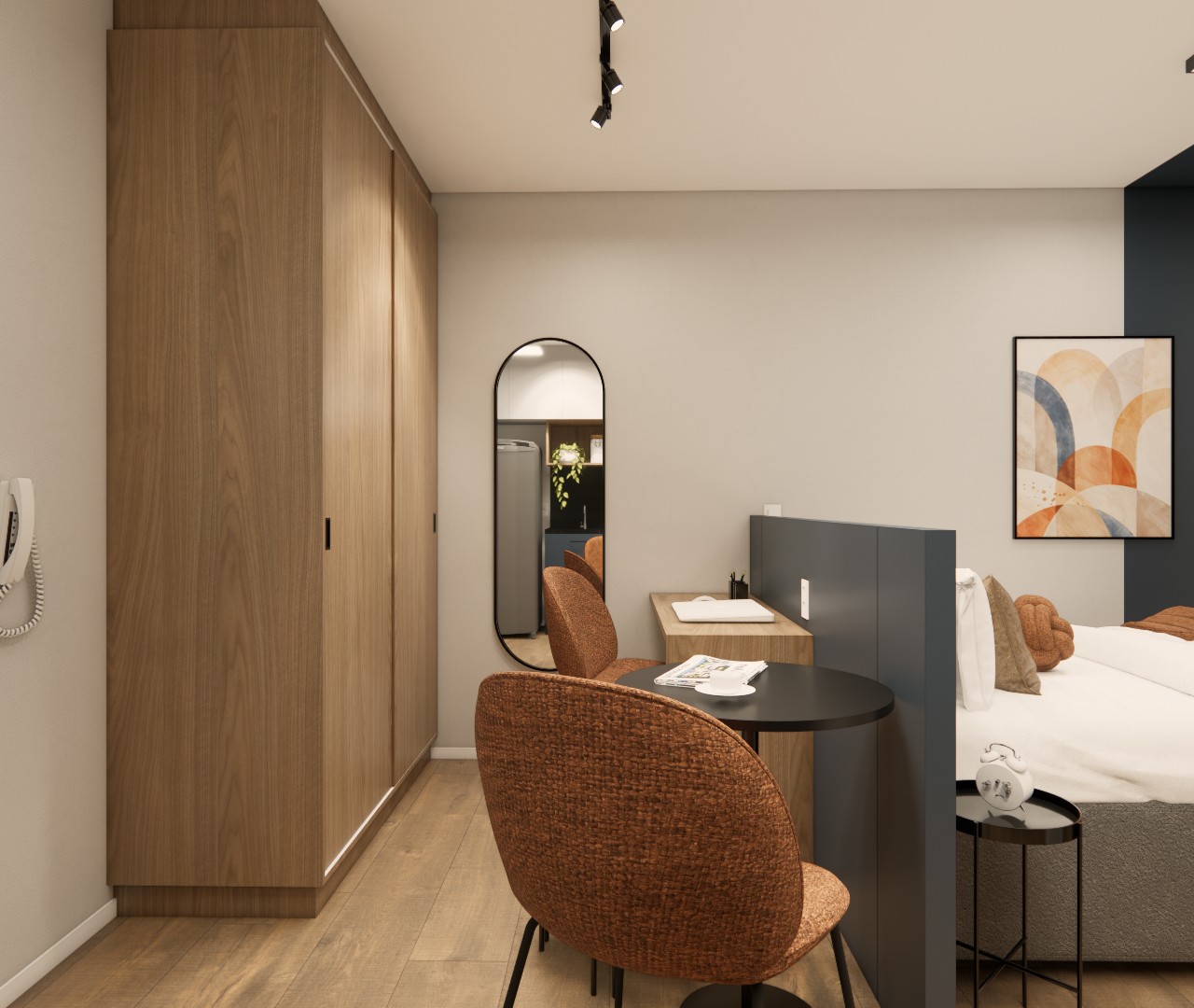Render 3D de estúdio com armário em madeira, mesa com cadeiras terrosas, cama box cinza e divisória azul em Santa Cecília