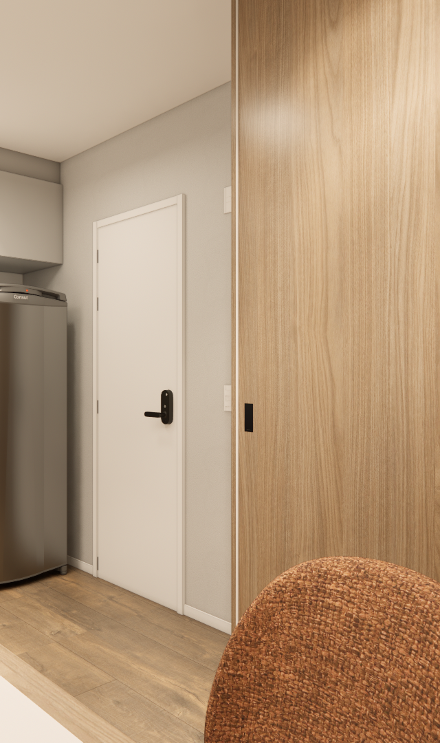 Render 3D de cozinha compacta no Nurban Santa Cecilia com marcenaria cinza, azulejos pretos, mesa redonda e painel amadeirado