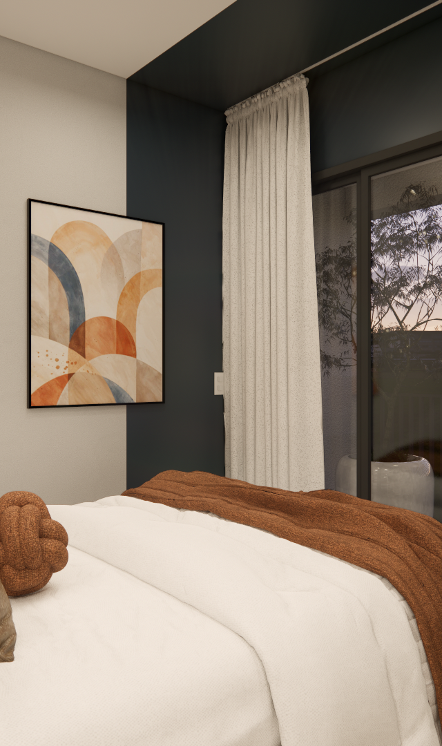 Render 3D de quarto no Nurban Santa Cecilia com cama, parede em tons de cinza e azul, cortinas claras e vista externa