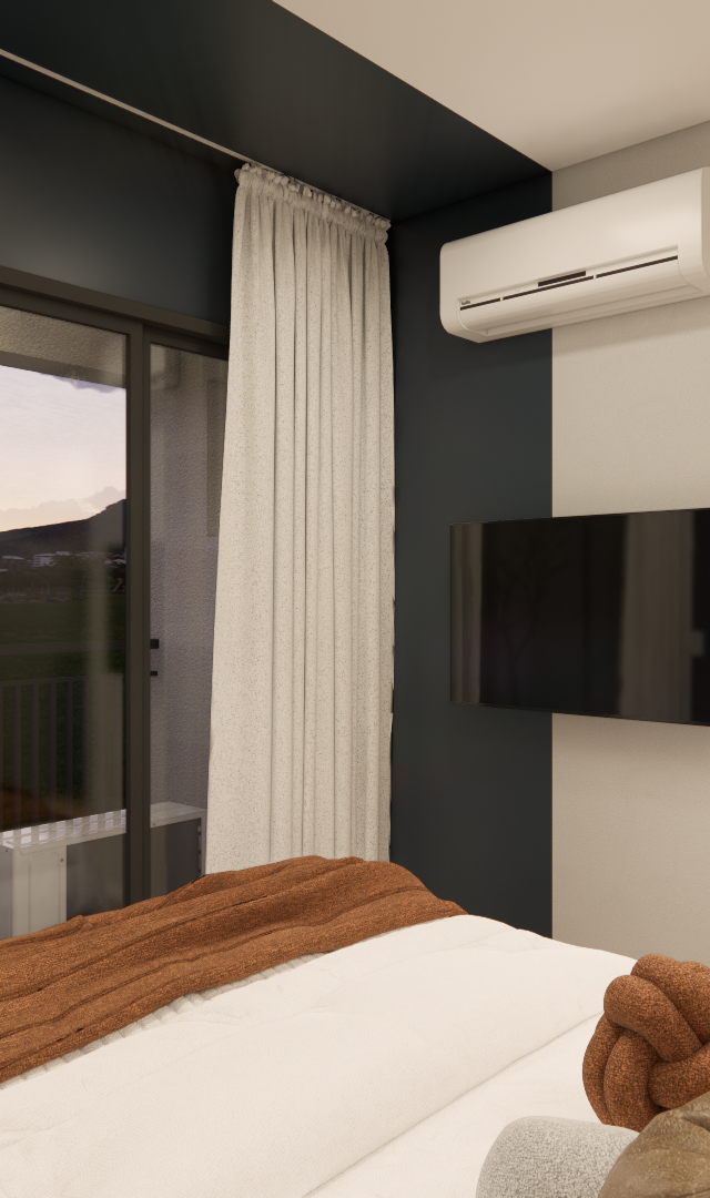 Render 3D de quarto integrado em Santa Cecília com tons de cinza, marcenaria escura, varanda e cama com manta terracota