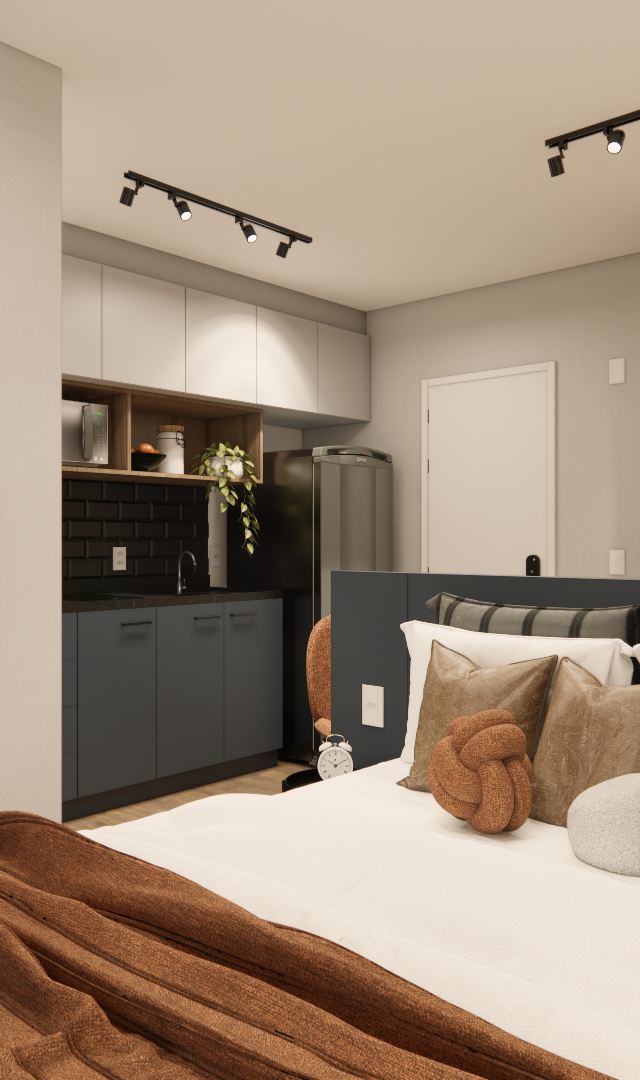 Render 3D de estúdio em Santa Cecília com cama, marcenaria em tons cinza e madeira, iluminação em trilhos e TV na parede