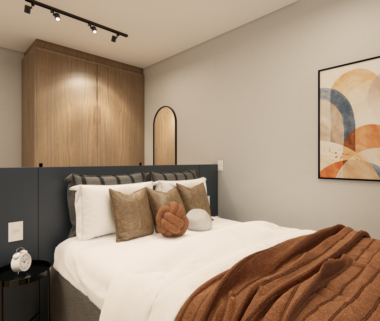 Render 3D de quarto no Nurban Santa Cecilia com cama, cabeceira azul, armário de madeira, mesa lateral e quadro abstrato