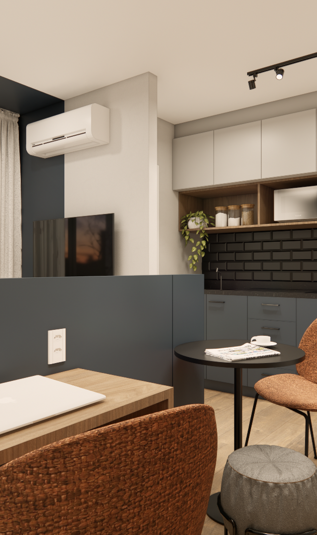 Render 3D de estúdio com mesa de madeira, cozinha cinza, azulejo preto, cadeiras alaranjadas e iluminação em trilho