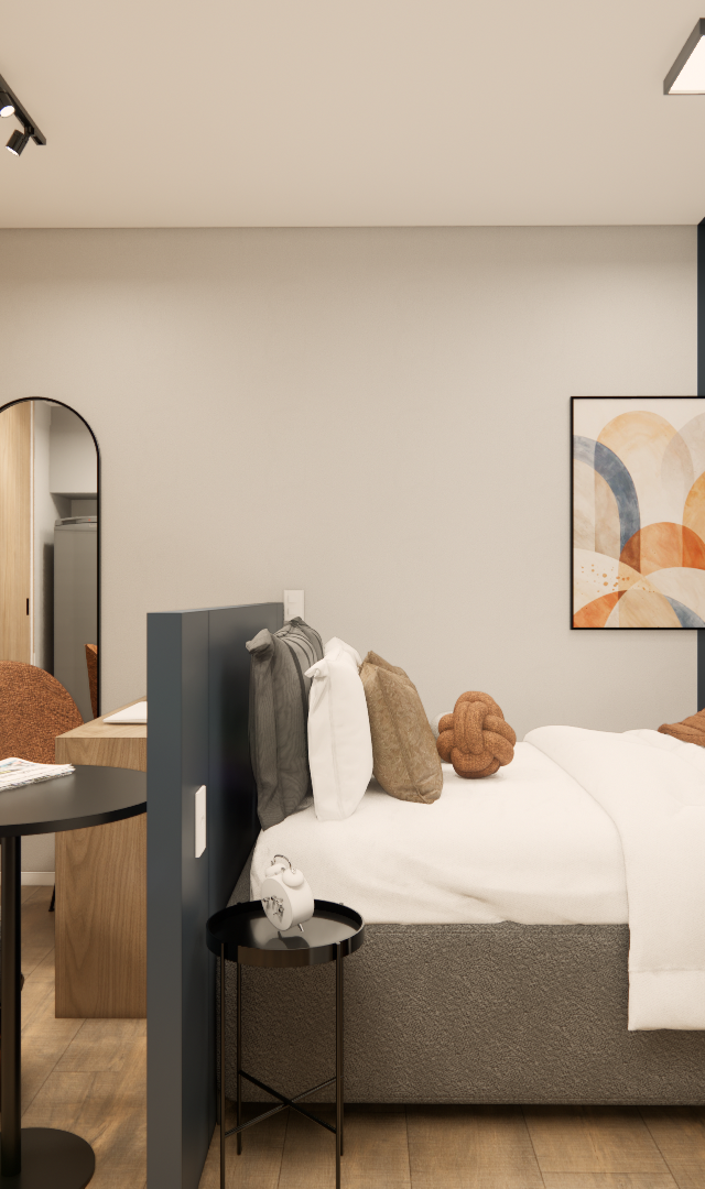Render 3D de quarto com armário de madeira, cama box cinza, manta terracota, parede azul marinho e iluminação moderna