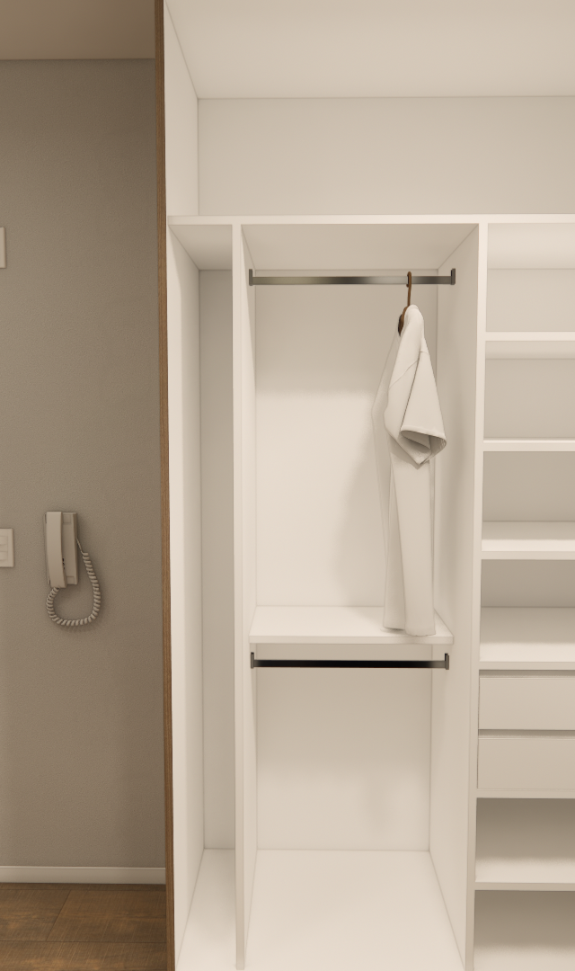 Render 3D de closet aberto em branco e madeira com espelho oval de borda preta em ambiente neutro de apartamento