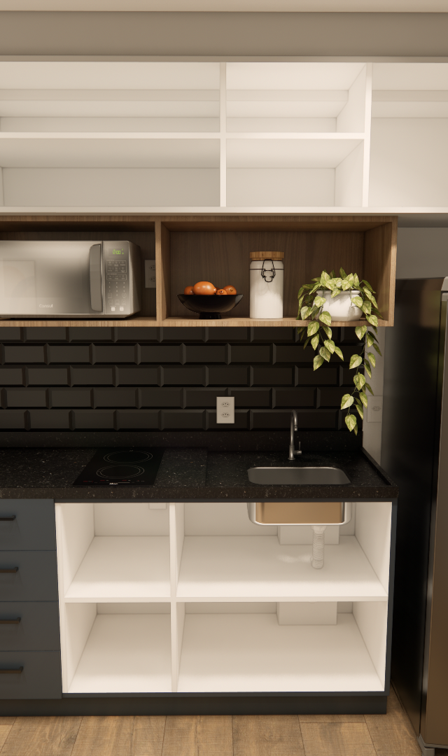 Render 3D de cozinha compacta no Nurban Santa Cecilia com marcenaria branca, preta e amadeirada, azulejo preto e geladeira