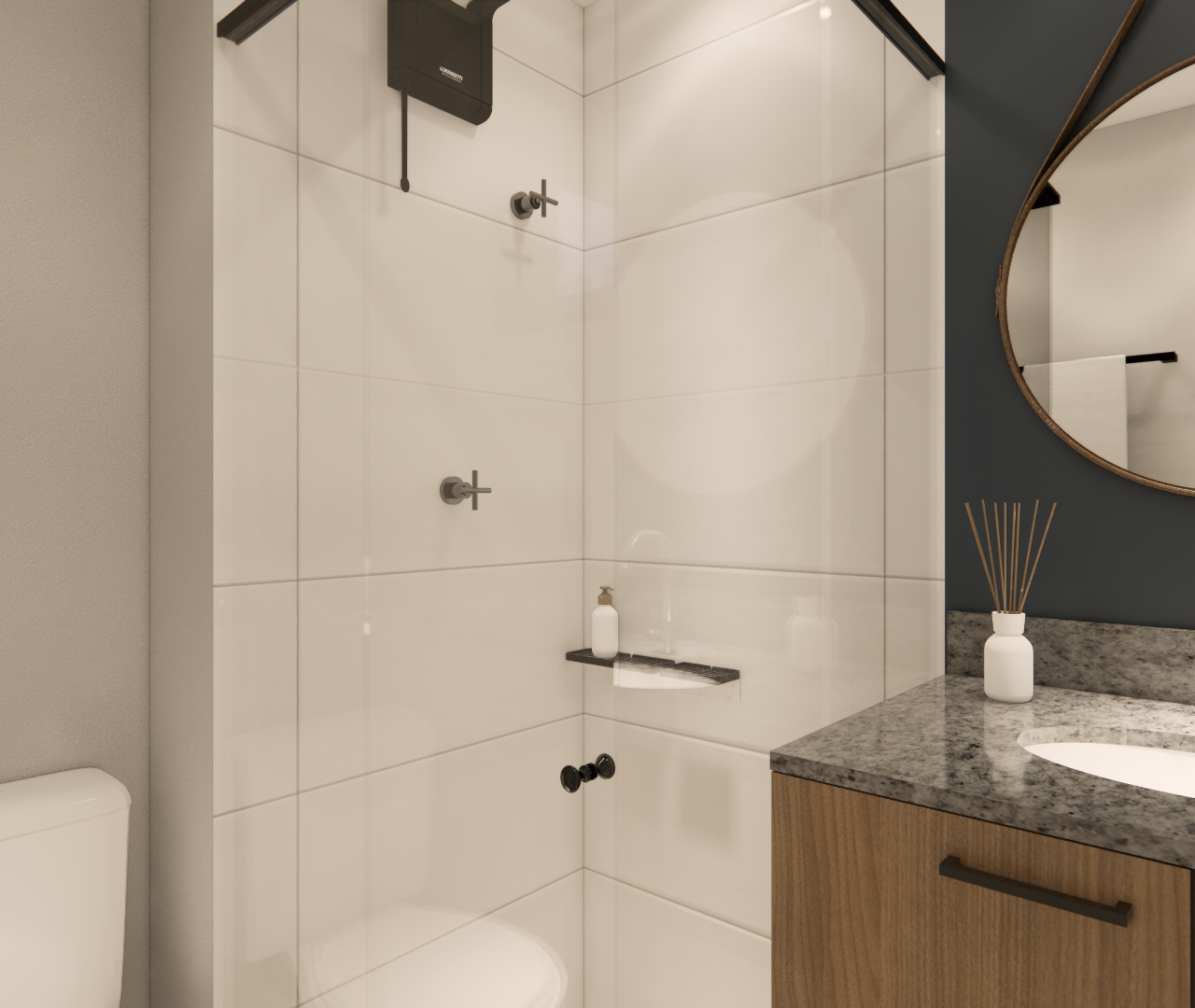 Render 3D de banheiro no projeto Nurban Santa Cecília com box branco, gabinete em madeira e pia de granito cinza