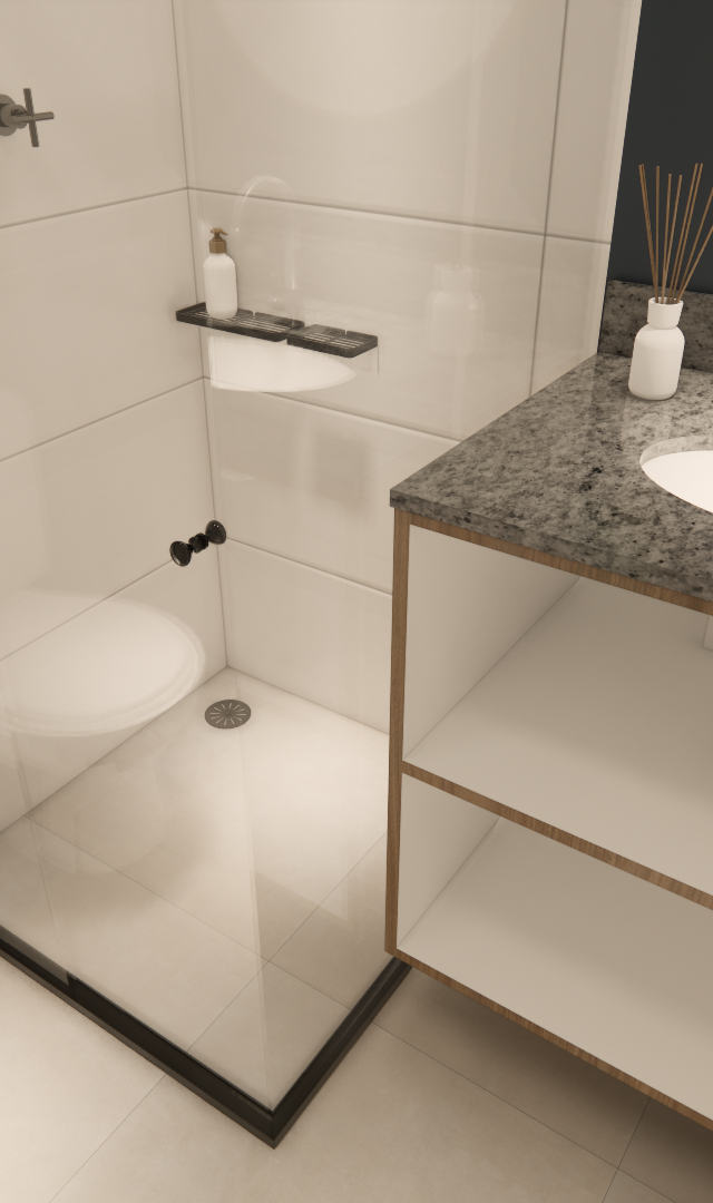Render 3D de banheiro no Nurban Santa Cecilia com vaso branco, box de vidro, bancada de granito cinza e marcenaria clara