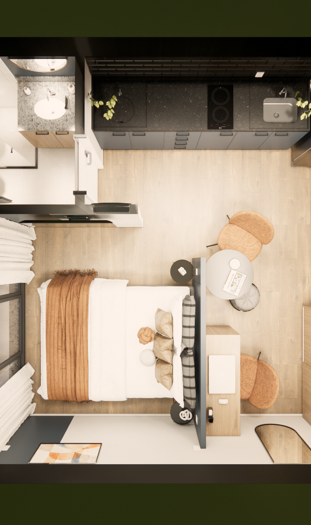 Planta baixa 3D de studio com cozinha preta, quarto com cama tons terrosos, banheiro e varanda em piso amadeirado claro