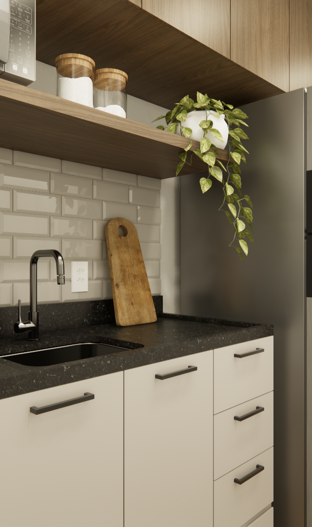Render 3D de cozinha compacta com marcenaria branca, bancada preta, azulejos metrô, prateleira em madeira e luz focal