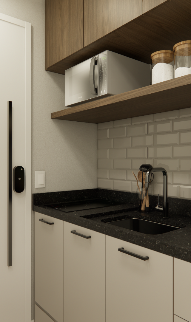 Render 3D de cozinha compacta com marcenaria em madeira e cinza, bancada em granito preto, revestimento metrô e iluminação