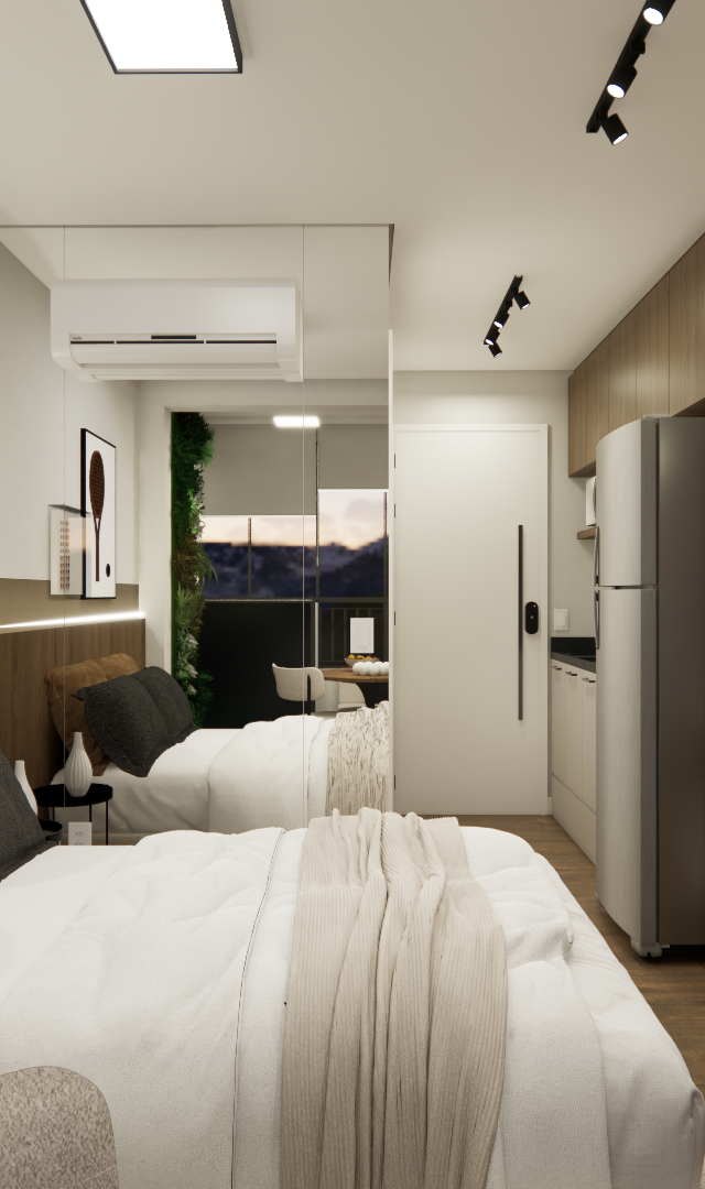 Render 3D de estúdio compacto em Pinheiros com cama, marcenaria em tons amadeirados, mesa de trabalho e luz indireta quente