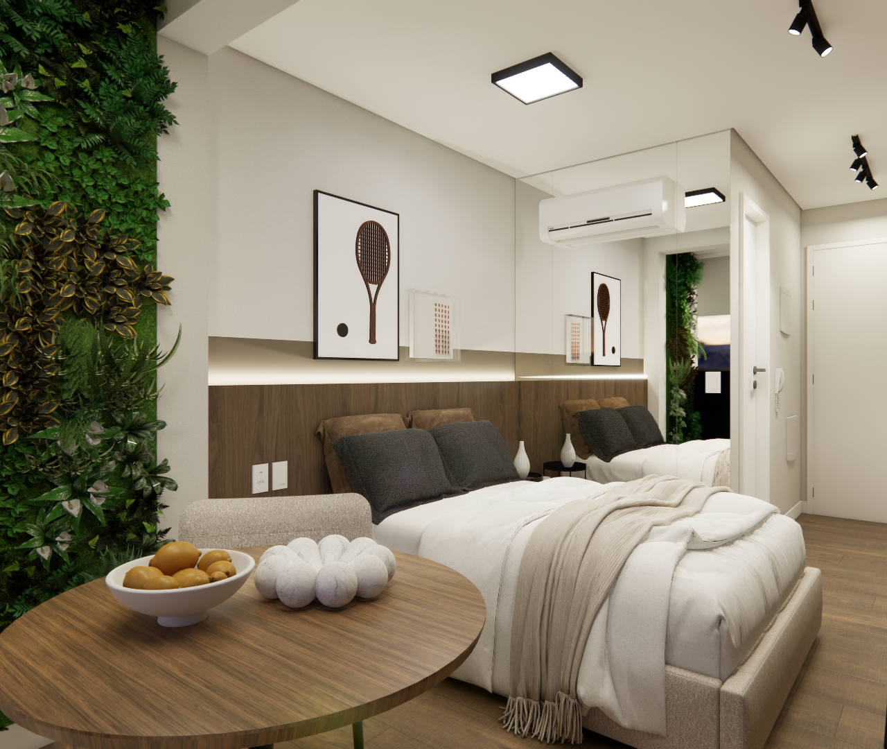 Render 3D de estúdio com 21m²: cama, mesa redonda de madeira, jardim vertical, marcenaria em tons amadeirados e espelho