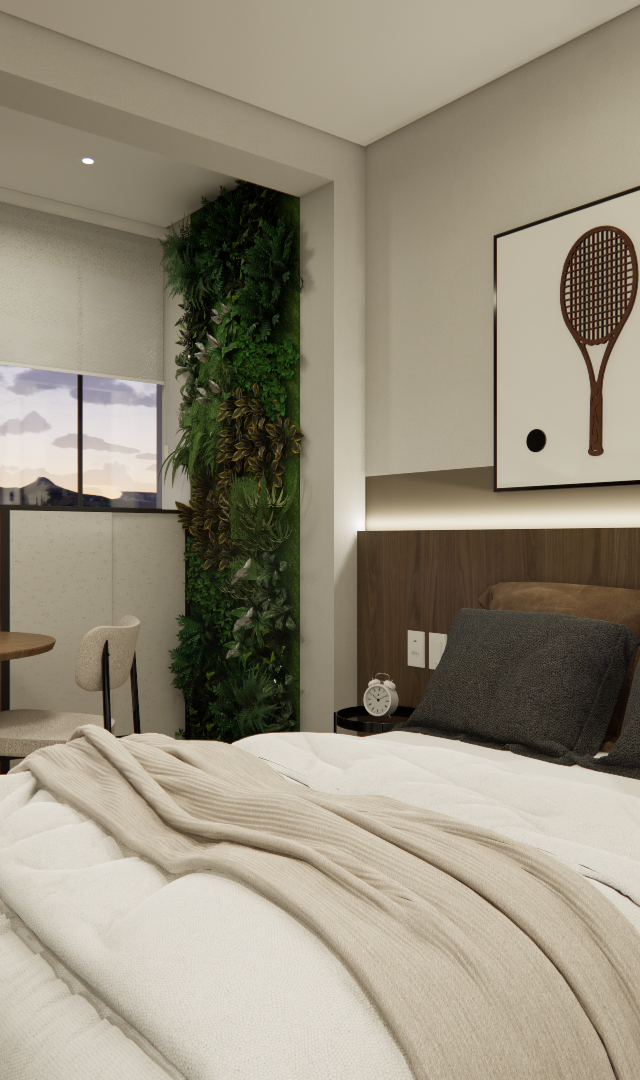 Render 3D de estúdio compacto em Pinheiros com cama, marcenaria em tom madeira, jardim vertical e mesa de apoio junto à janela
