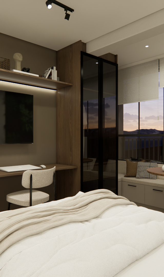 Render 3D de estúdio em Pinheiros com marcenaria em madeira, TV, mesa de jantar, cama e iluminação quente em tons terrosos