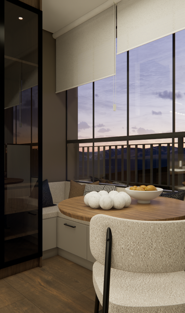 Render 3D de sala com mesa redonda, cadeiras claras, banco em L, armário com portas de vidro e vista urbana em Pinheiros