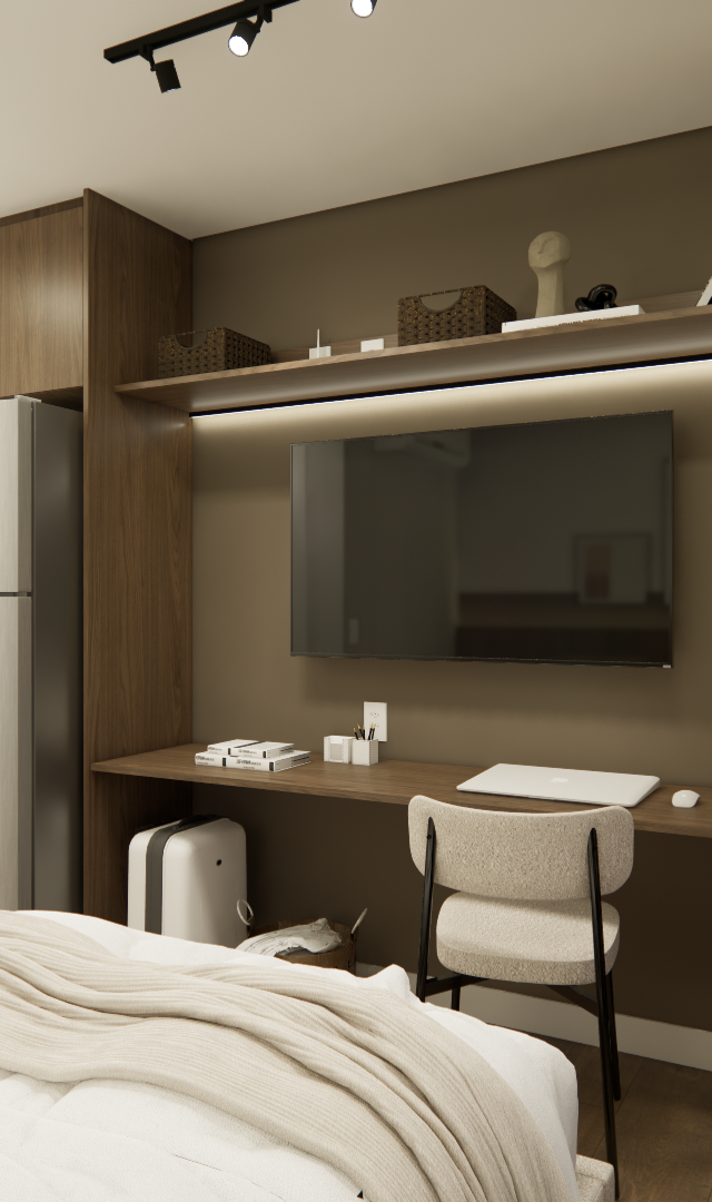 Render 3D de estúdio em Pinheiros com marcenaria em madeira, bancada de trabalho, TV, geladeira inox e iluminação em trilho