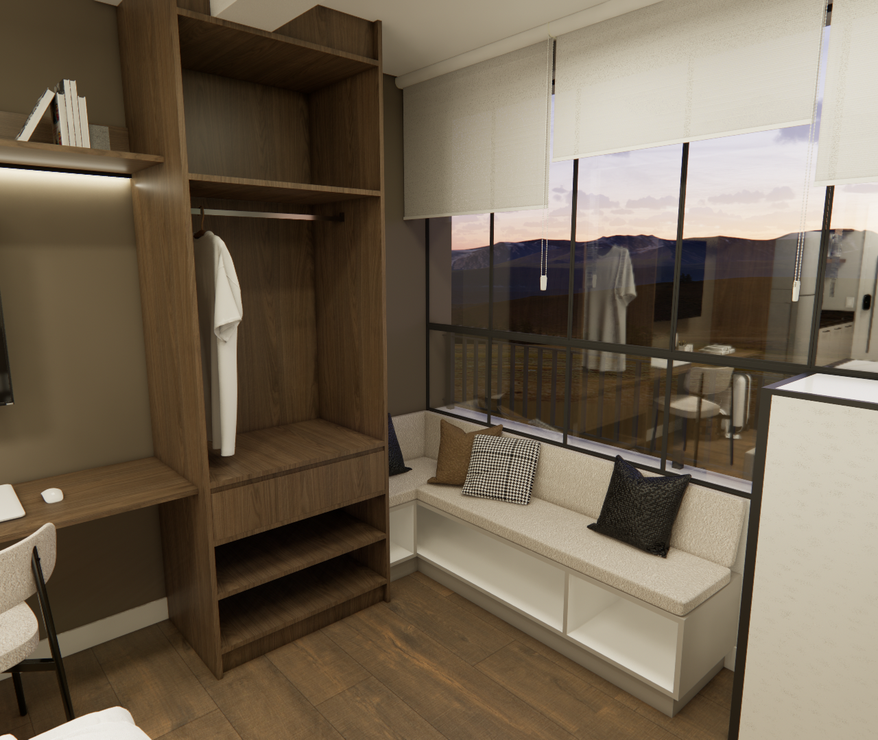 Render 3D de quarto pequeno com marcenaria em madeira escura, mesa de estudo, banco estofado sob janela e luz natural
