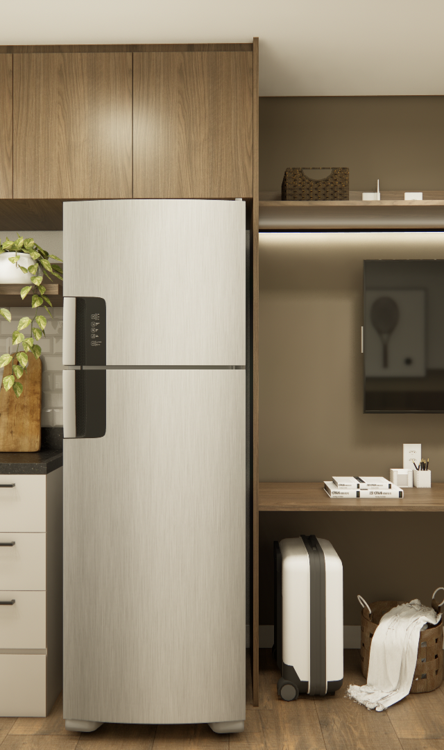 Render 3D de cozinha compacta e home office em tons amadeirados e fendi, com marcenaria planejada, geladeira e iluminação LED